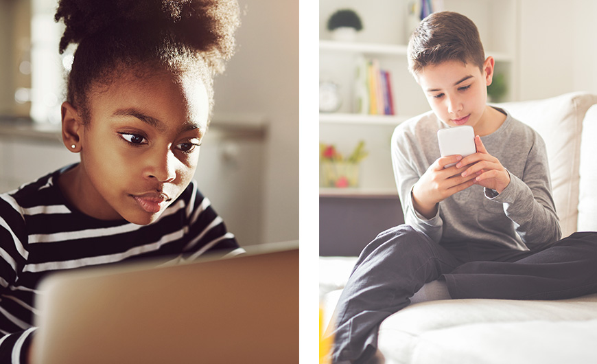 A girl engrossed in her laptop and a boy playing on his mobile phone